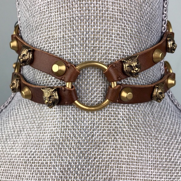 Gucci Jewelry - Gucci Brown Leather Feline Head Choker Necklace